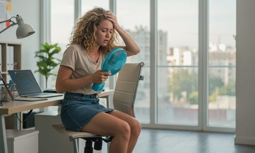 Ragazza accaldata con un ventilatore portatile in mano, in preda a sudorazione improvvisa