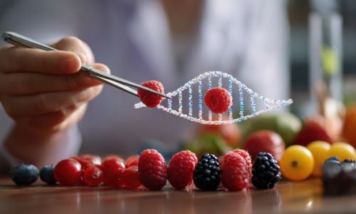 Frutti rossi che vengono inseriti all'interno di una riga di DNA immaginaria