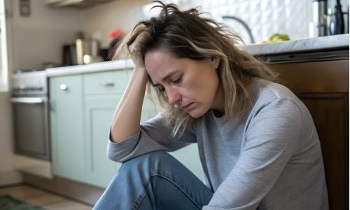 Donna triste seduta a terra, che non ha ancora trovato il miglior sport contro la depressione come aiuto per il suo basso tono dell'umore