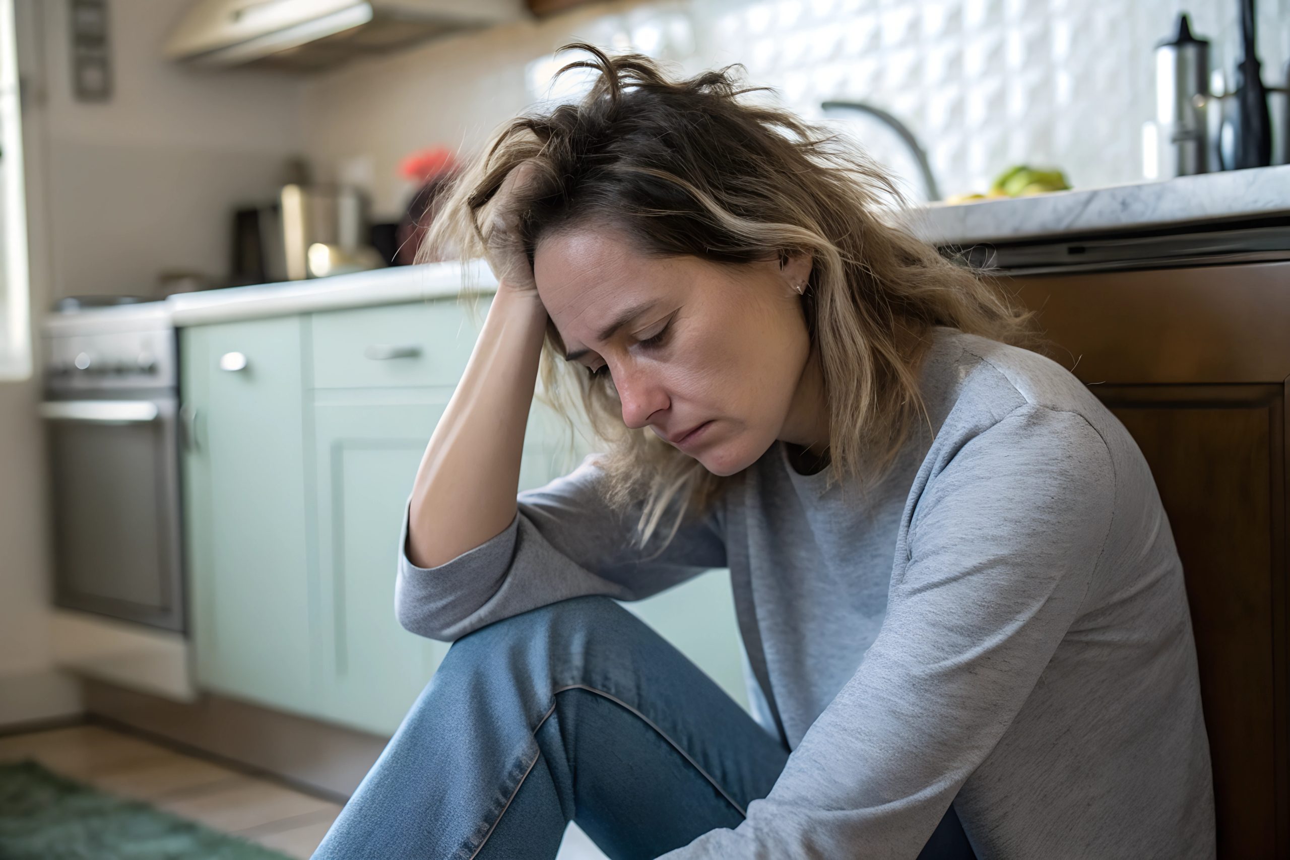 Donna triste seduta a terra, che non ha ancora trovato il miglior sport contro la depressione come aiuto per il suo basso tono dell'umore