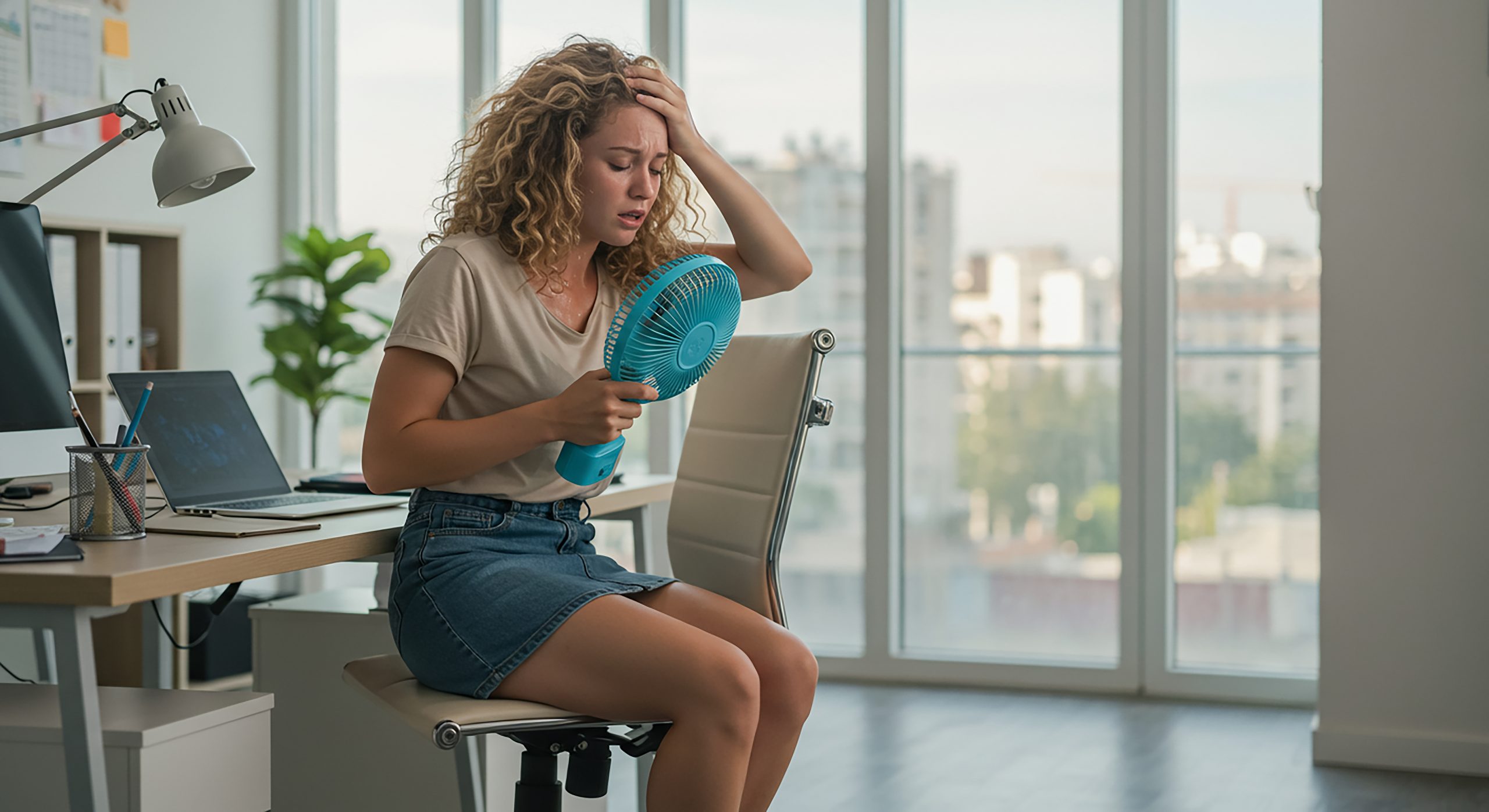Ragazza accaldata con un ventilatore portatile in mano, in preda a sudorazione improvvisa