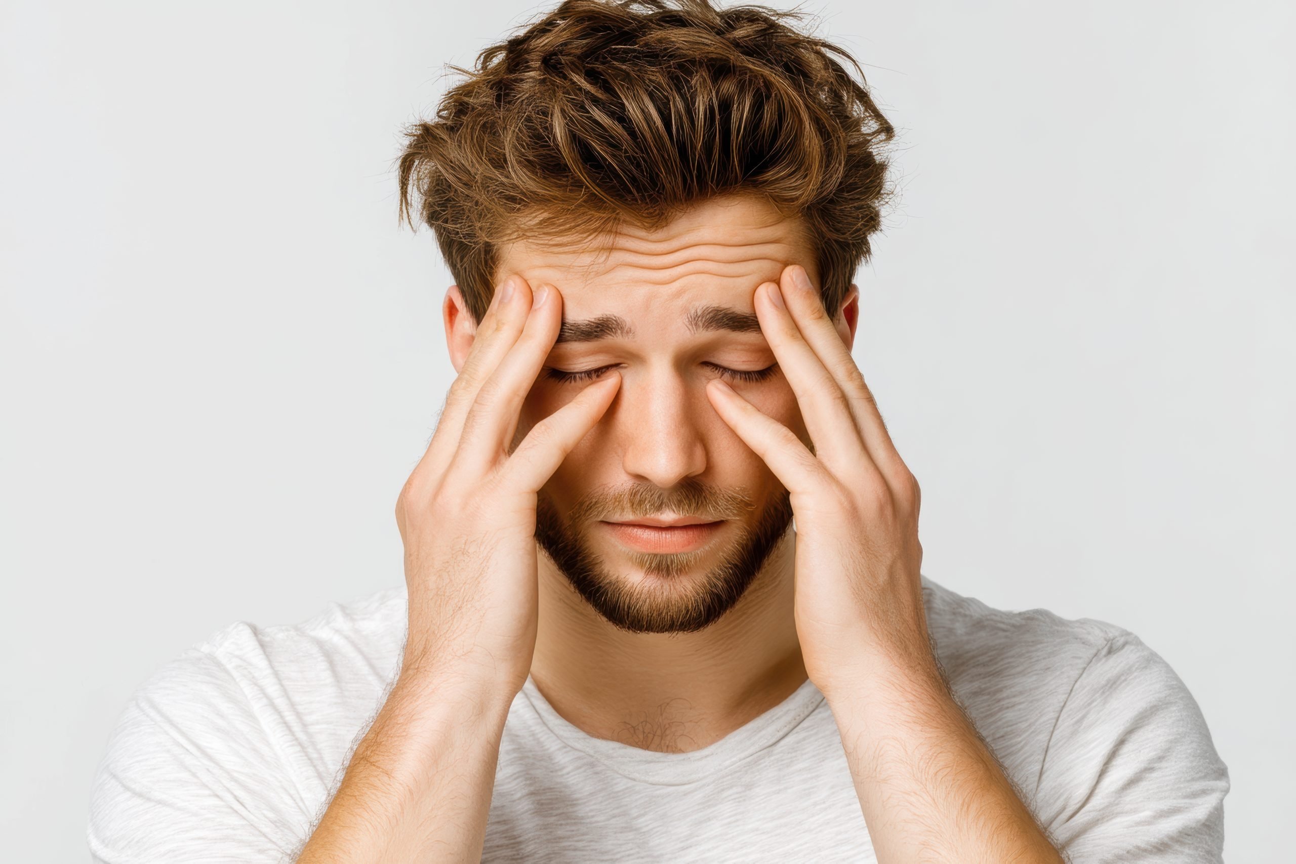 Ragazzo che si massaggia la fronte in preda a un mal di testa da astenia