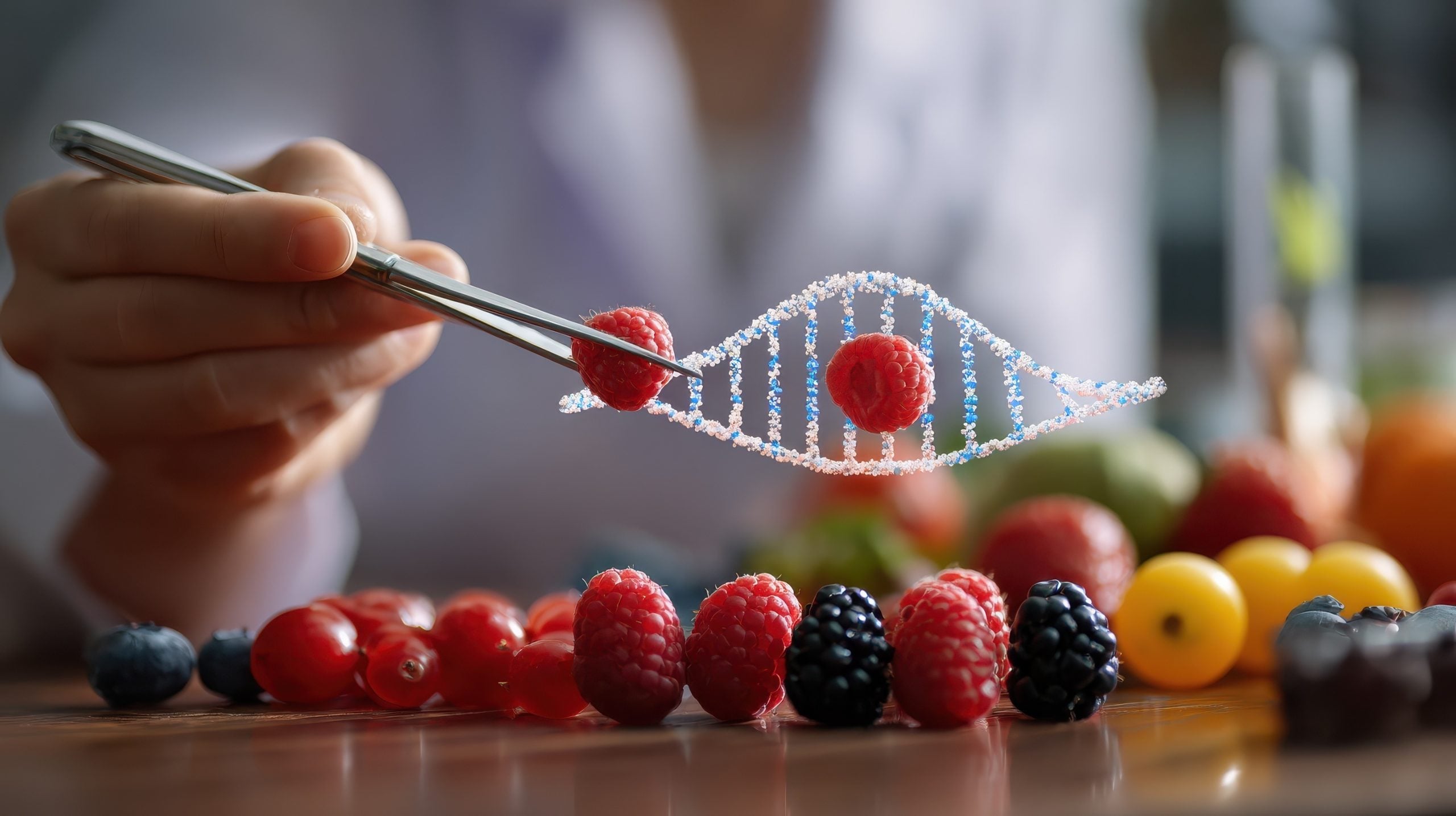 Frutti rossi che vengono inseriti all'interno di una riga di DNA immaginaria